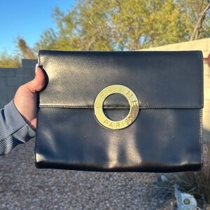 Celine Black Leather Clutch with Gold Emblem